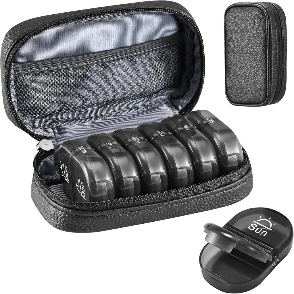 Serfeymi Cotygodniowy Travel Pill Organizator 2 razy w ciągu dnia PM Zmodernizowany Black Pill Box 7 Dzień z przenośnym Zipper PU Leather Pill Case, Medicine Organizer for Pills, Witaminy, Oleje rybne - czarny 01