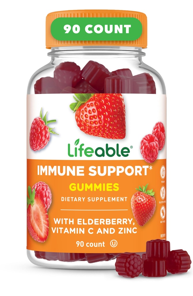Żywotne żeberka wsparcia immunologicznego dla dorosłych 124; Witamina C i cynk 124; Great Desting Elderberry Immotive Support Support Support Supplement Gummei 124; Gummeje odporności dla dorosłych, Mężczyźni, Kobiety 124; 90 Gummeje