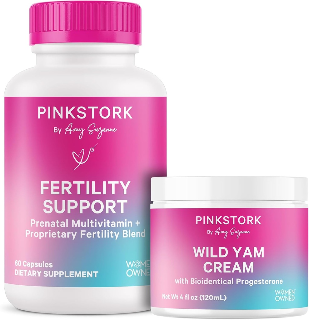 Różowy bocian suplementy płodności dla kobiet i dzikiego kremu Yam do wspierania poczęcia i równowagi hormonalnej, Inositol, Ashwagandha, Vitex i Folate - Duo
