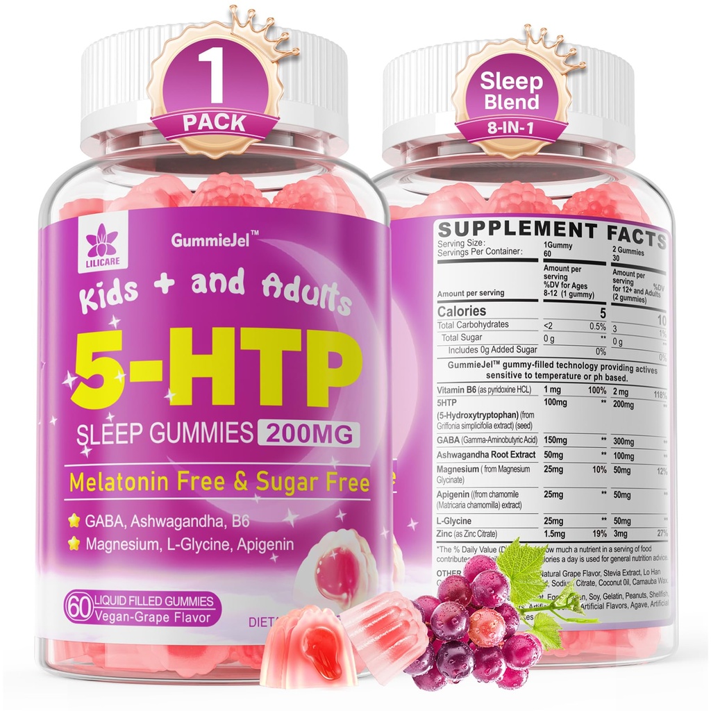 5HTP Gummie dla dorosłych i dzieci 8 +, Melatonina wolna Gummie z Magnezu Glycinate, GABA, L- Glycine, Ashwagandha, Witamina B6 dla Pysznych Zzzs, Relaksja mózgu i mięśni, 0 Cukier 60 Count (Opakowanie 1)