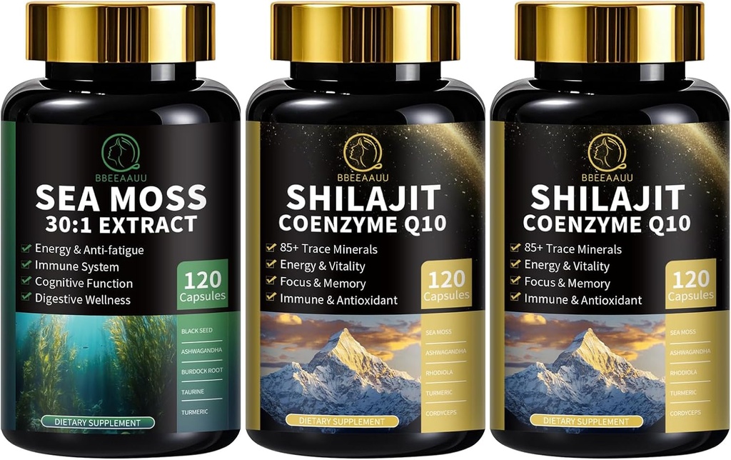 Sea Moss i Shilajit kapsułki dla mężczyzn i kobiet, Wszystkie w 1 Suplementy z Shilajit, Sea Moss, Koenzym Q10, Black Seed, Ashwagandha, Burdock dla energii, Przeciwutleniacz i wsparcie immunologiczne