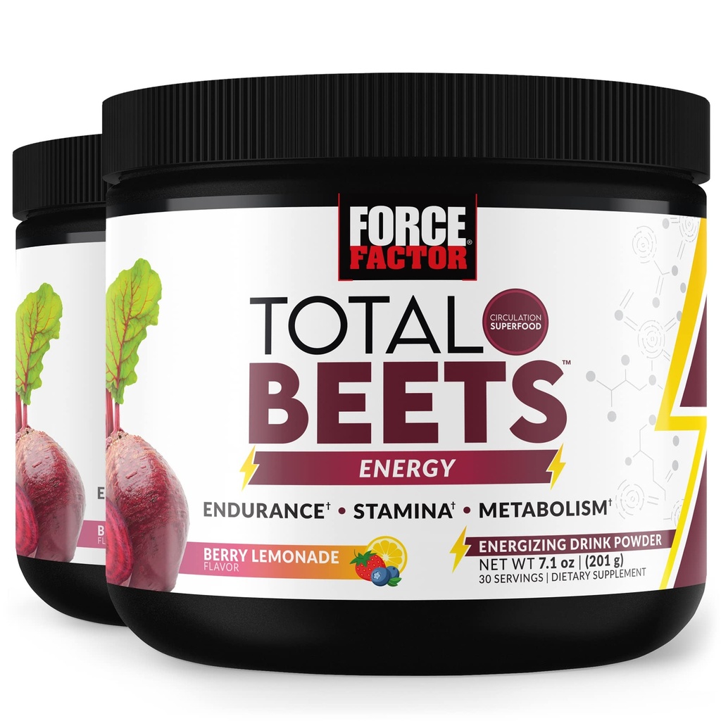 FAKTOR FORCE Total Beets Energy Drink Mix 2-Pack, Superfood Buek Root Powder, Azotany do Boost Energy, Obwody pomocnicze, Przepływ krwi, Tlenek azotu i Stamina, Suplement do serca, 60 Służenie