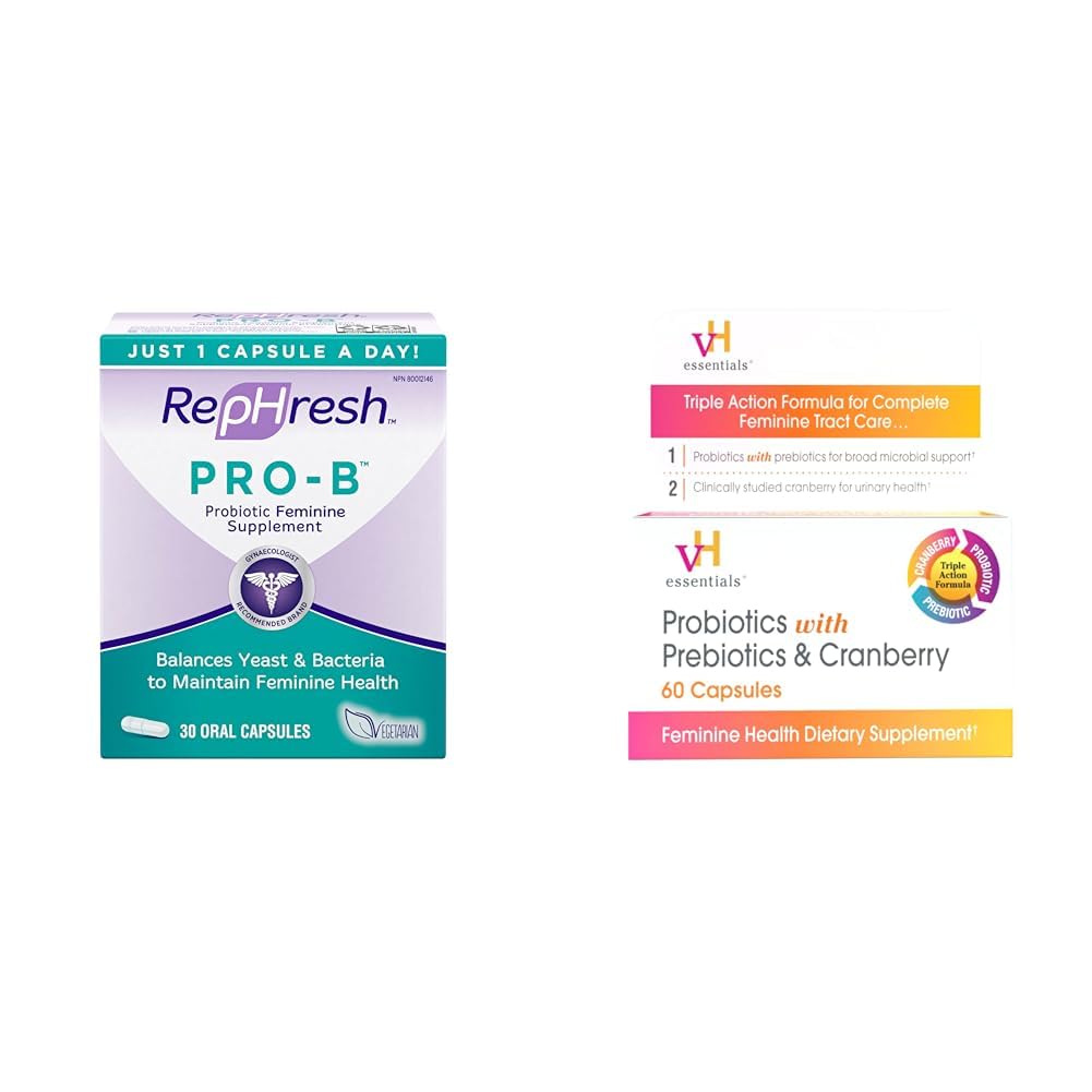 Suplement Probiotyczny Rephresh Pro- B dla kobiet, 30 Kapsułek doustnych & vH Probiotyki Essentials z Prebiotykami i Żurawiny Suplement do Zdrowia Kobiet - 60 Kapsułki