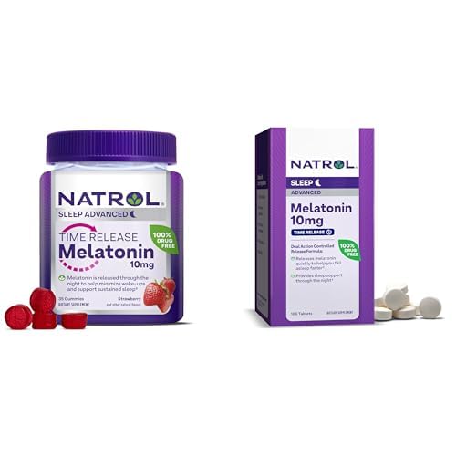Paleta Melatoniny uwalniania czasu Natrolu 10 mg 100 tabletek, Suplement diety do niespokojnego snu, & Melatoning czasu uwalniania Natrolu 3mg Gumiaki, 35 Truskawkowo-aromatyczne Gumiaki melatoniny, 35 Day Supply