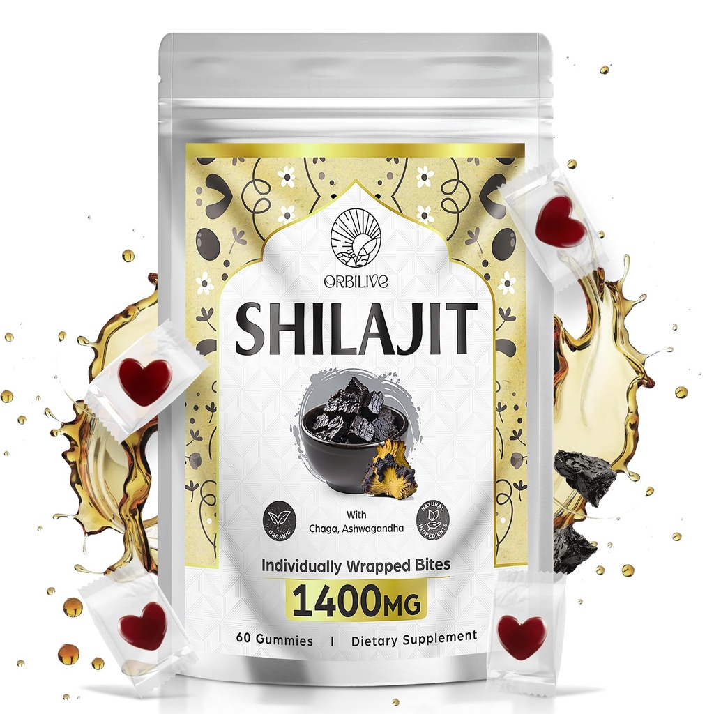 1400 MG Shilajit Gummies, Shilajit Pure Himalayan Organic Gummies with Ashwagandha, Himalayan shilajit for Men, 85 + Ślad minerałów i kwasu Fulvic, indywidualne owinięte, bez cukru, 60 Liczby