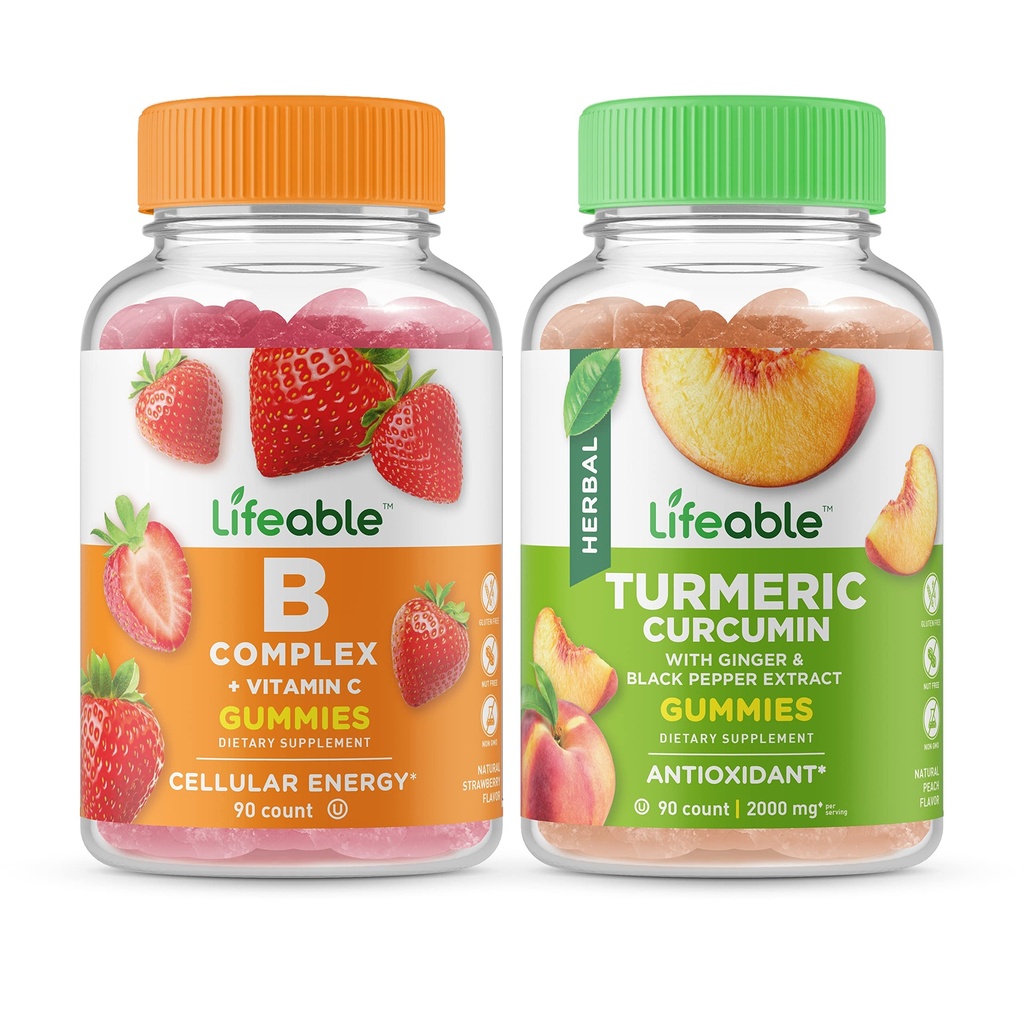Żywy kompleks B + kurkumina turmerowa, żelki Bundle - Great Desting, Suplement witaminy, Gluten Free, GMO Free, Chewable