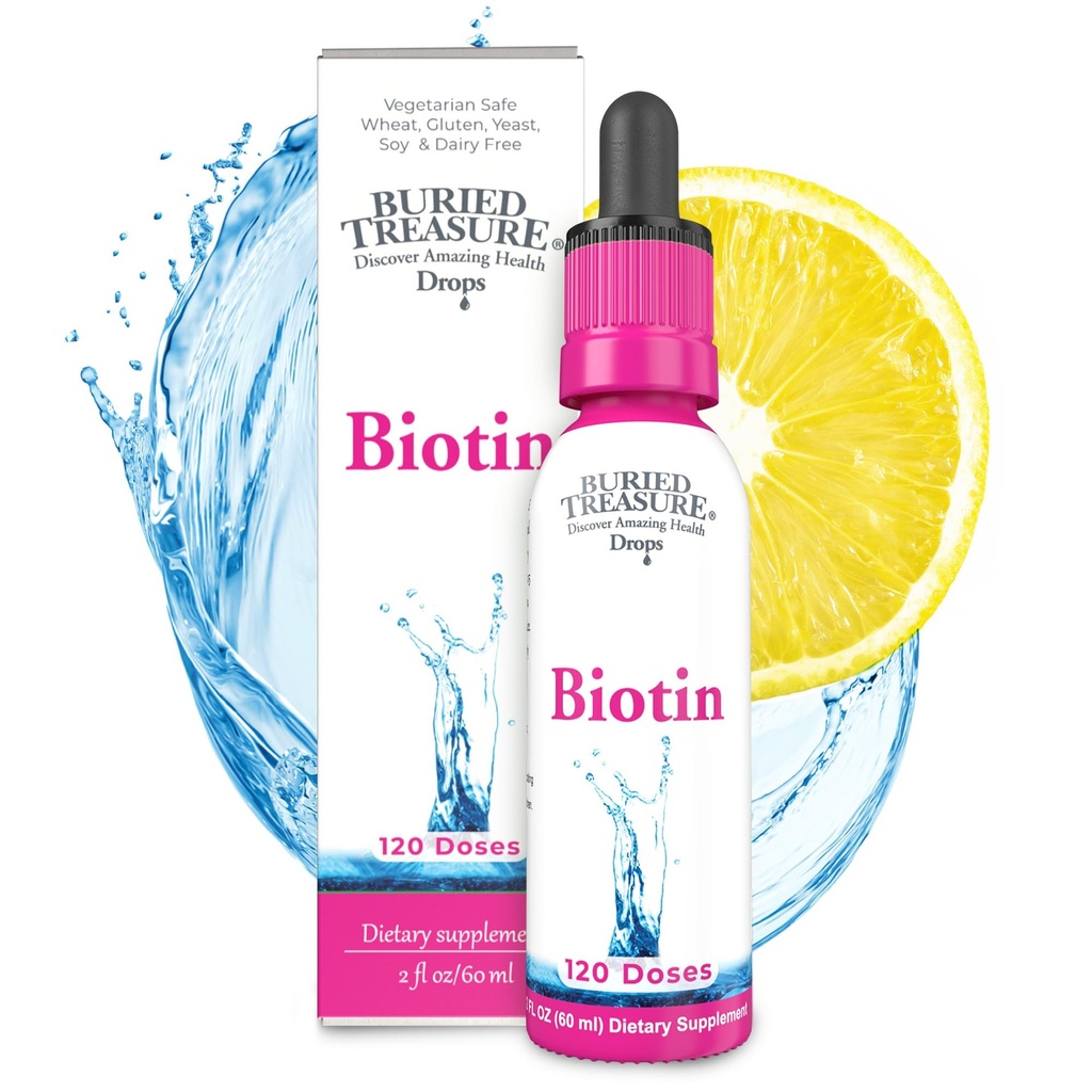 Pochowany skarb Krople Biotin - 120 Słupki, 2 Oz, Włosy, Skóra i paznokcie