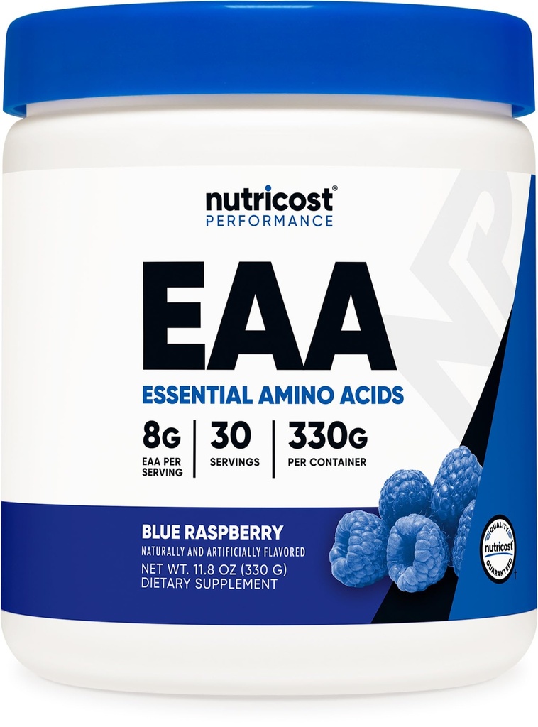 Nutricost EAA Proszek 30 Służenia (Błękitna Malina) - Podstawowe aminokwasy - Non-GMO, Gluten Free, Wegetariański Przyjazny