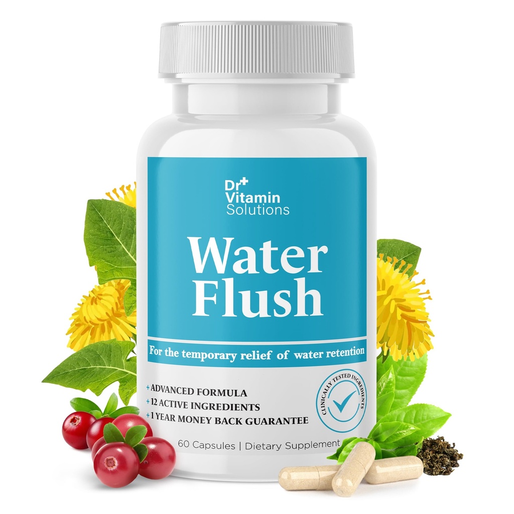 DR VITAMIN SOLUTIONS Diuretic Water Pills for Weight Control, 12 Active Ingredients (Zielona herbata, Żurawina i więcej), Natychmiastowa ulga z Bloat & Obrzęk, Zatrzymanie wody Pigułki dla kobiet i mężczyzn - 60 Caps