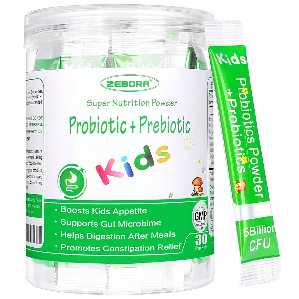ZEBORA Dzieci Probiotyczne i Prebiotyki Proszek Wiek 3 + Wsparcie dla dzieci Digestic & Immune System z naturalnego źródła, Promotes Zaparcia Relief, Non-GMO, Gluten- Free, 30 Pakiety z 5 Miliard CFU
