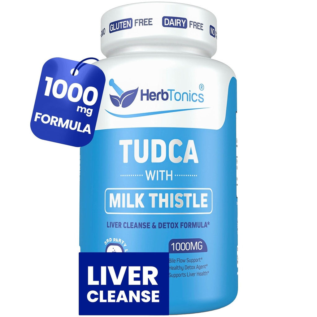 Herbtonics TUDCA 1000mg Liver Detox & Wsparcie dla pęcherzyka żółciowego - Mleko Thistle & Pterostilbene Zwiększona sól Bile do czyszczenia wątroby, Zdrowy Bile Flow, i Digestive Health (60 Kapsułki wegańskie)