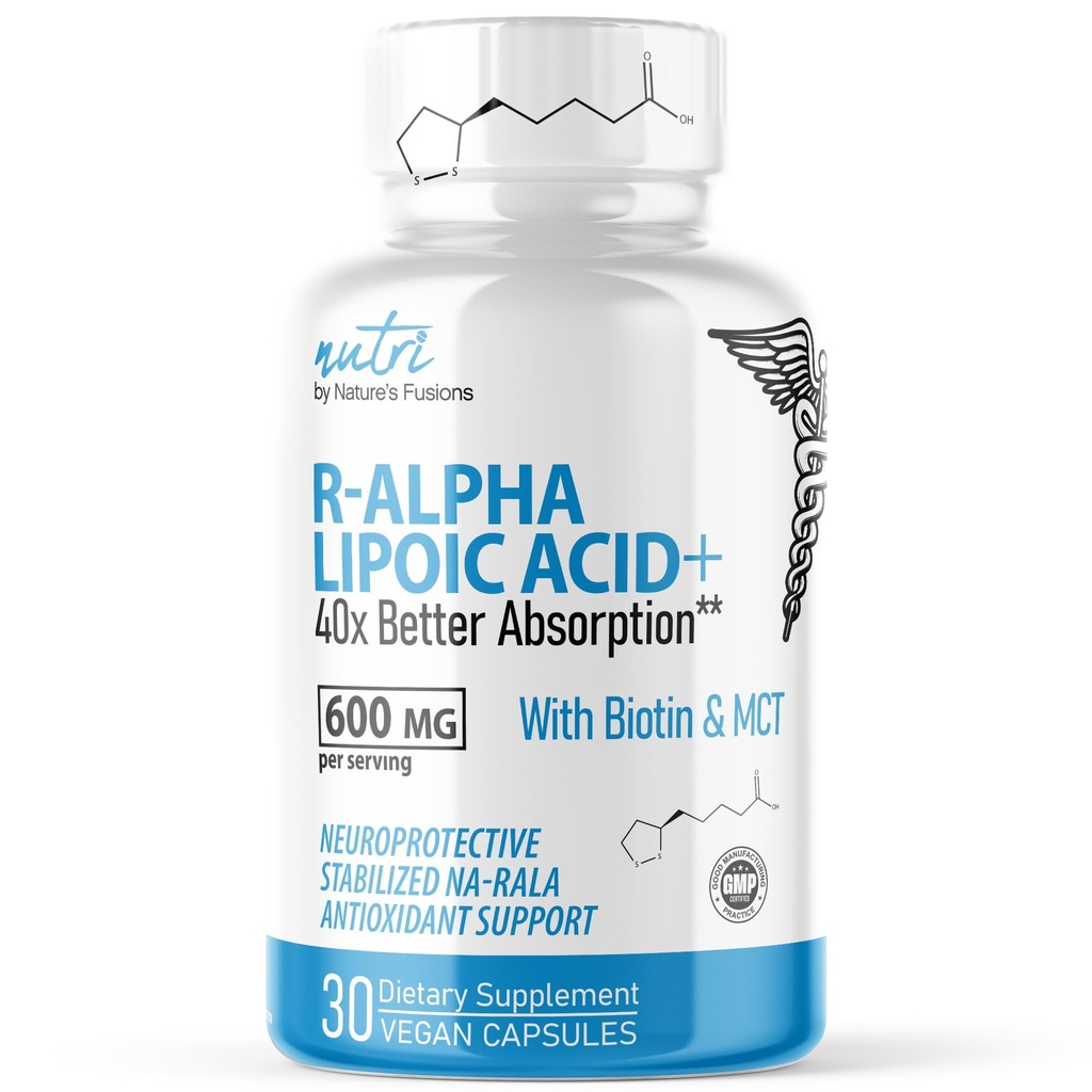 Nutri R Alpha Lipoic Acid 600mg Kapsułki - R Kwas lipoinowy Ustabilizowany biotyną - Aktywna postać R- ALA - 600 mg Dawkowanie kliniczne - Potężne wsparcie energii komórkowej - 30 Kapsułek wegańskich - RALA