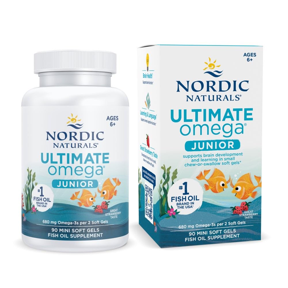 Nordic Naturals Ultimate Omega Jr., Strawberry - 90 Mini Soft Gels - 680 Total Omega- 3 z EPA & DHA - Brain Health, Mood, Learning - Non-GMO - 45 Służenie