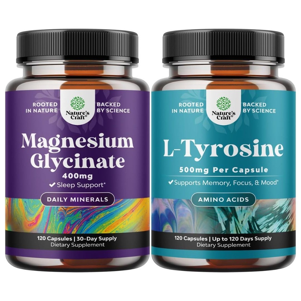 Paleta Magnezu Glicynian 400 mg Kapsułki i mocny L Tyrozyna 500 mg Kapsułki - dla wsparcia snu kości Zdrowie Odzysk mięśni - Amino Acid Nutritional Supplement for Brain Health Tyroid Support