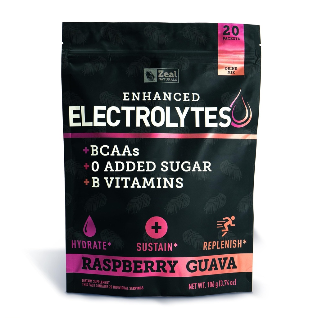 Ulepszone opakowania z proszkiem elektrolitycznym (Malina Guava Agregat 124; 20 Pakiety) w / 0 Cukier + BCAA + B- Vitaminy Suplement Elektrolitu w Cynk potasu i magnezu do hydrolizy - Keto Electrolytes