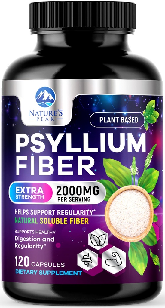 Pzyllium Husk Fiber Supplement 1500mg - Wegański Prebiotyk, Rozpuszczalny Fiber do Codziennej Digestive Health & Regularny Wsparcie, Natural Pzyllium Powder Caps, Sugar- Free, Non-GMO & Gluten- Free - 120 Kapsułki