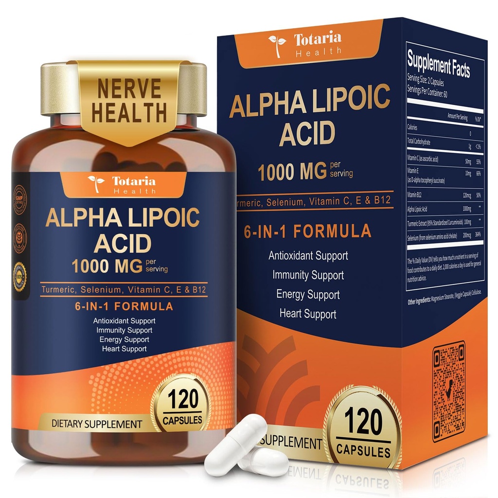 Totaria Alpha Lipoic Acid 1000mg - ALA Supplement Antioksydant for Neuropathy Support Nerve Health, Detox wątroby, Antioksydant, Metabolizm i Energia komórkowa, Anti-Aging - Non-GMO, Gluten Free, Vegan Safe