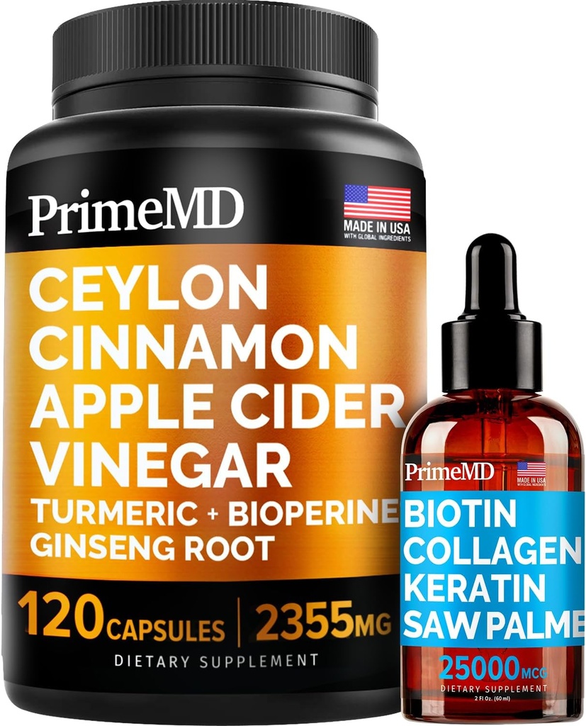 4- in-1 Liquid Biotin Colagen Keratin Saw Palmetto Drops (2 fl oz - 1 Pack) & 5- in-1 Ceylon Cynamon w Turmeric & Ginseng Root (120ct) Bundle - Włosy, Skóra, paznokcie, i suplement wsparcia immunologicznego