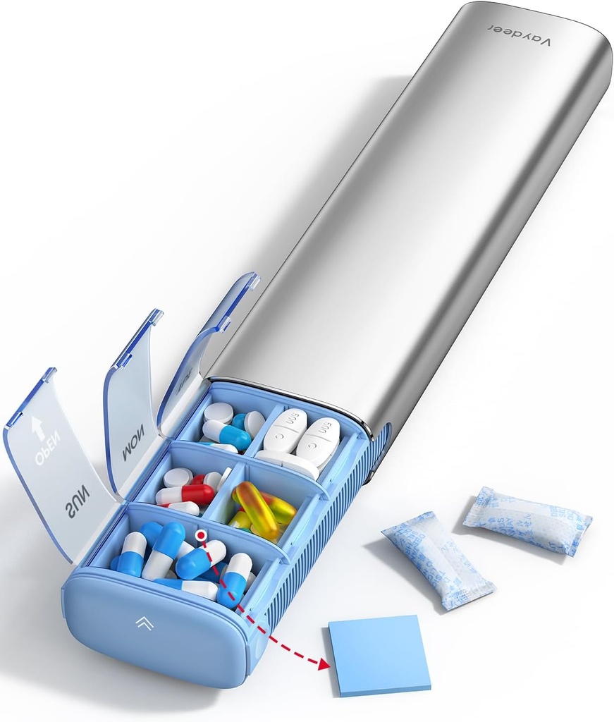 Vayjen 7 Day Cotygodniowy Pill Organizator (Wsparcie 2 razy dziennie), Metal Travel Pill Case, Duża pojemność codziennie Cute Pill Box na suplementy, Pigułki, Witaminy i lekarstwa (Sliver)