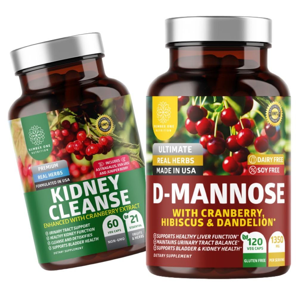 Number One Nutrition N1N Premium D- Mannose [1350mg] z żurawiną & Hibiscus i nerką Cleanse [21 Pothent Herbs] z ekstraktem żurawinowym, Astragalus, Uva Ursi, 2 Pack Bundle