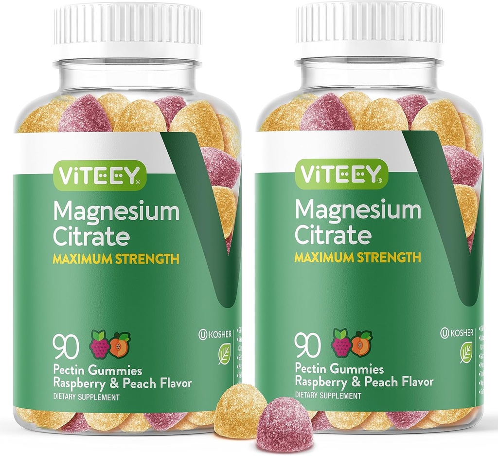 Gummy Magnezu VITEEY dla dorosłych - 255 mg Gummy Cytrynowego Magnezu na uspokojenie, sen, Nerwy i mięśnie - Wegan, Gluten Free - 180 Count