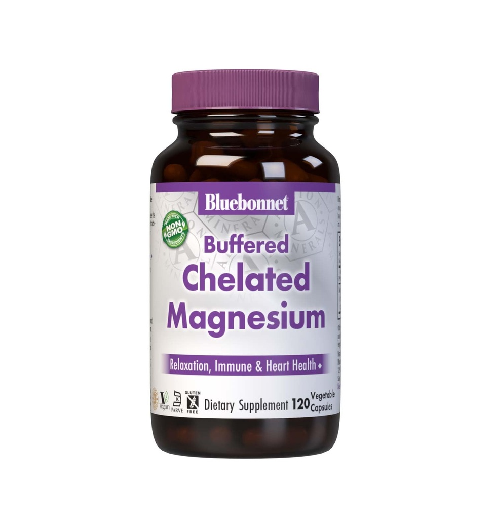 Bluebonnet Nutrition Albion Buffered Chelated Magnezu 200 mg, Magnezu tlenek, Stress Relief, Wegan, Nie GMO, Gluten Free, Soy Free, Mleko wolne, Kosher, 120 Kapsułki roślinne, 2 Dostawa miesiąc
