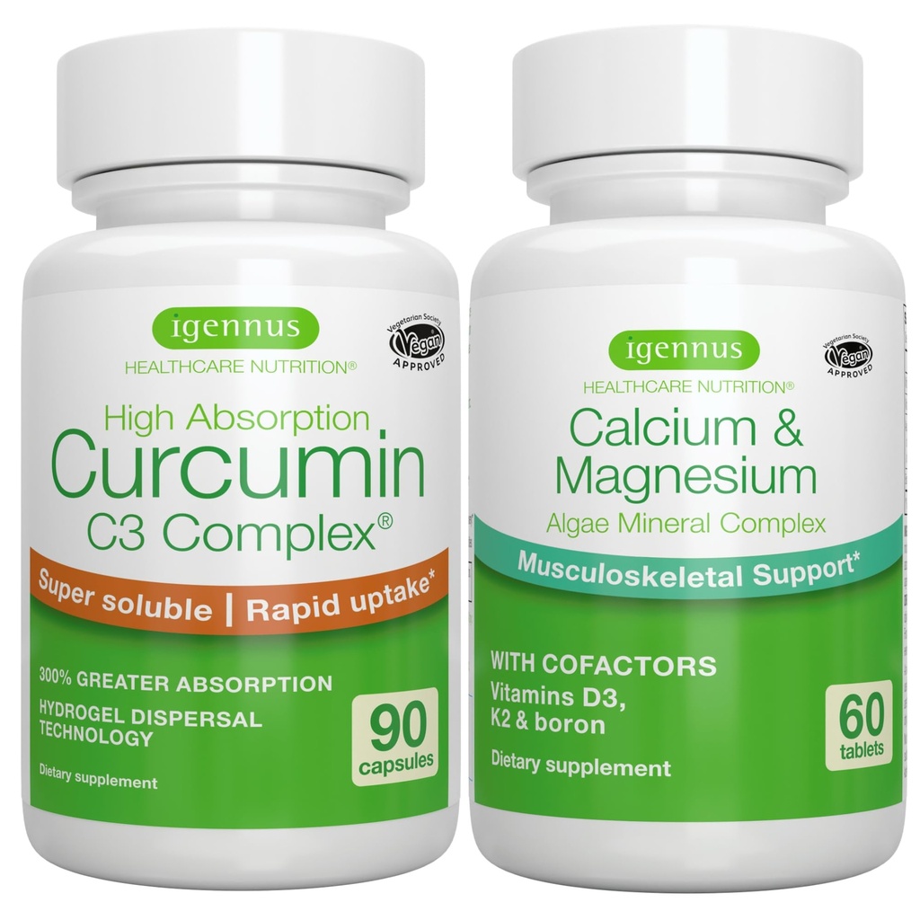 Algae Calcium & Magnezu Complex + Wysoka Absorpcja Curcumina C3 Complex, Wegan Bundle for Bones, Joints & Recovery from Exercise, by Igennus