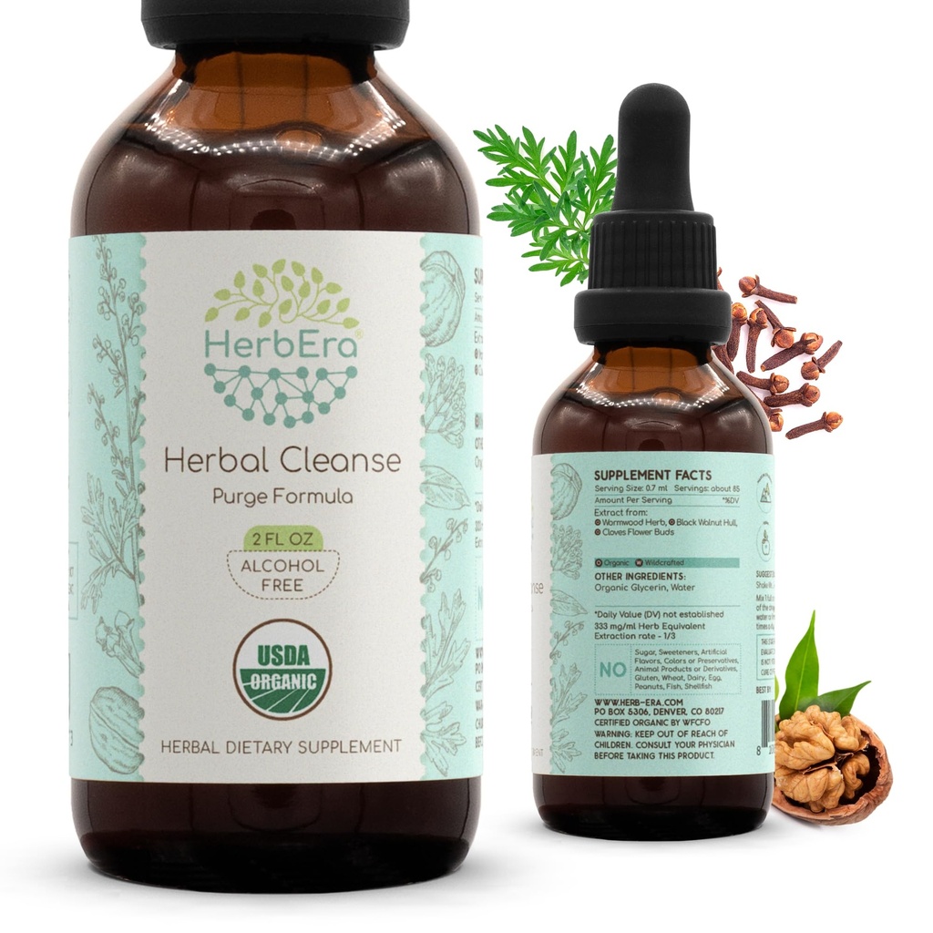 HerbEra Herbal Cleanse Organic Alcohol- Free Tincture Budapeszt 124; Detox and Cleanse Formula, Extract Supplement Deposition 124; Organic Wormwood Herb, Black Walnut Hull, Cuves Flower Buds Budapest 124; Purge Extract (2 fl oz)
