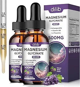 (2 opakowania) Magnezu Glicynian krople płynne 500mg, z witaminą B6, Ashwagandha, L - Theanina, Rumianek, Magnezu Glicynian Suplement Wysoka absorpcja do snu, Stres, Drewno energetyczne - Grape Flavor