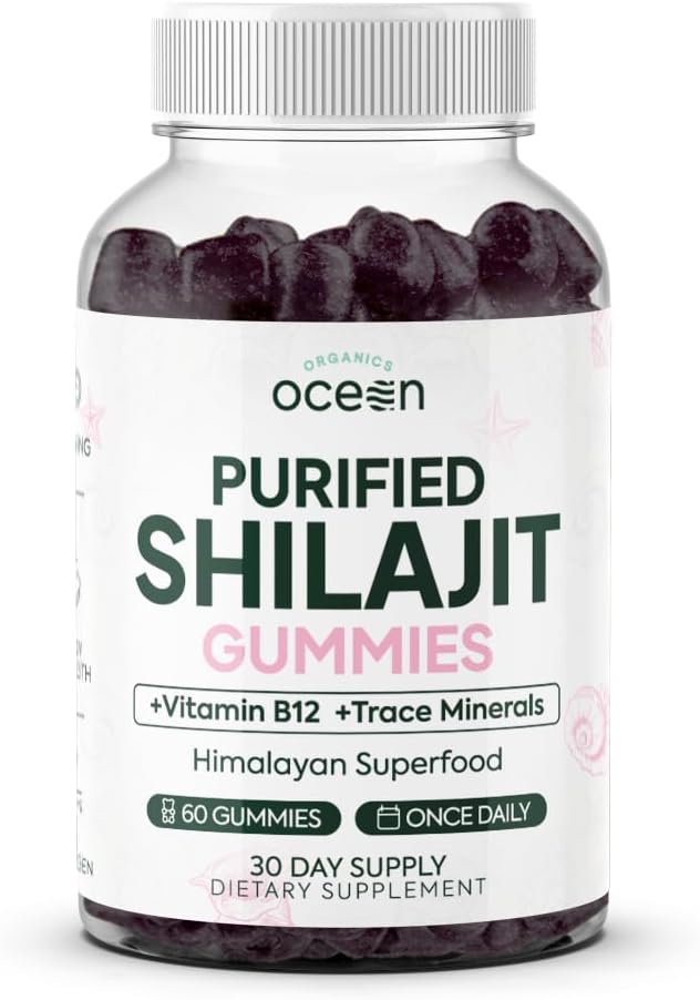 Organizmy Ocean Shilajit dla mężczyzn i kobiet - Naturalny suplement z witaminą B12, Chrom i selen dla starszych-Defying, Energia, Wsparcie hormonalne i więcej - 60 Gummies Shilajit