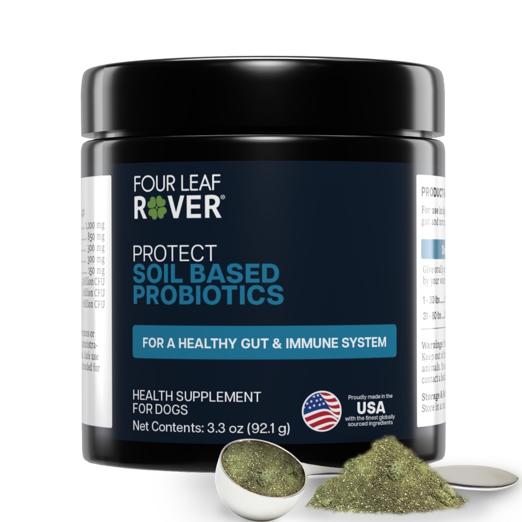 Four Leaf Rover Protect - Probiotyki dla psów - Weteranarian Formulated - z naturalnych prebiotyków i przeciwutleniaczy - Detoksykacja i Gut Health - 30 Dni Duże dostawy psów