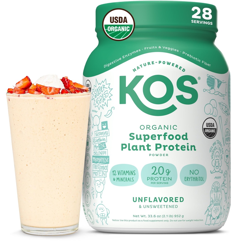 KOS Vegan Protein Powder, Unflavored & Unsweetened - Niskie mieszanka białka Pea Carb, Organic Superfood bogaty w witaminy i minerały - Keto, Soy, Dairy Free - Meal Replacement for Women & Men - 28 Służenie