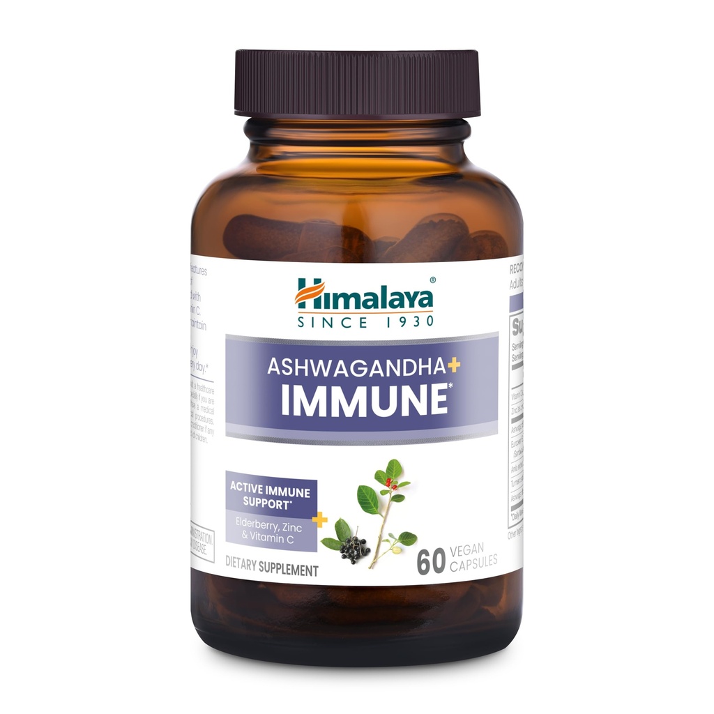 Himalaya Ashwagandha + Immune - Ziołowy suplement wsparcia immunologicznego z witaminą C, Cynk, Elderberry i Amla dla odporności - Wegan, Non-GMO, Gluten Free, 960 mg, 60 Kapsułki