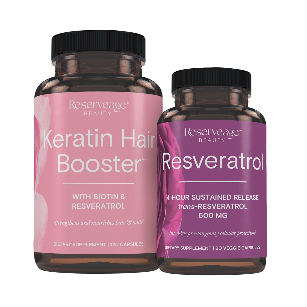 Reserverage Nutrition Keratin Hair Booster z Biotin & Resveratrol, Supplement wzrostu włosów i paznokci, 120 Kapsułki (60 Servings) & Resveratrol 500 mg, Wspiera zdrowe starzenia i układu immunologicznego