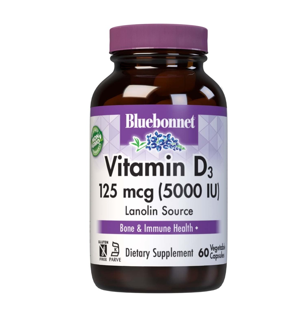 Bluebonnet Nutrition Witamina D3 5000 j.m. Kapsułka wegetariańska, Pomoc w mięśniach i wzrost szkieletu, Cholekalcyferol z Lanoliny, D3, Nie GMO, Gluten Free, Soy Free, Mleko wolne, Kosher, 60 Hrabia