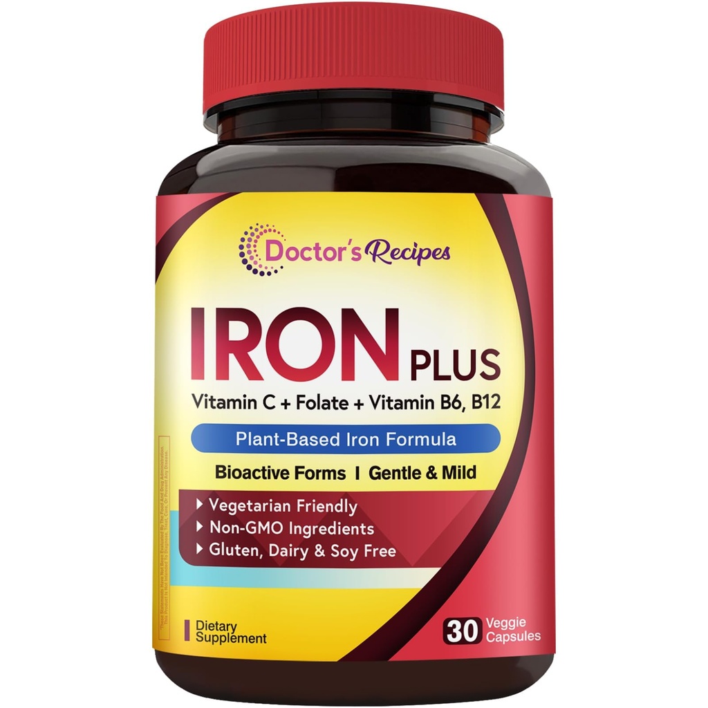 Przepisy lekarskie Żelazo Suplement dla Kobiet - Delikatny Żelazny Bisglicynian z Witaminą C, B6, Folate & B12 - Non-Constipating & Stomach Przyjazne Iron Pills for Blood & Energy Support, 30 Wegan Caps