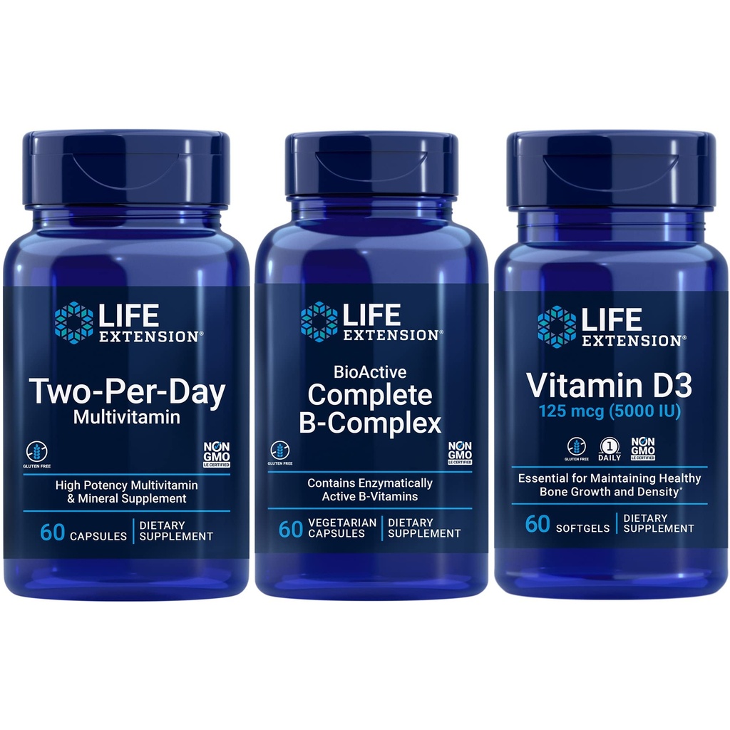 Life Extension Two-Per- Day Multivitamin, 60 kapsułek XI124; BioActive Complete B- Complex, 60 kapsułek XI124; Witamina D3 125 μg (5000 j. m.), 60 softgeli XI124; Bone & immunological health, energy and metabolizm support