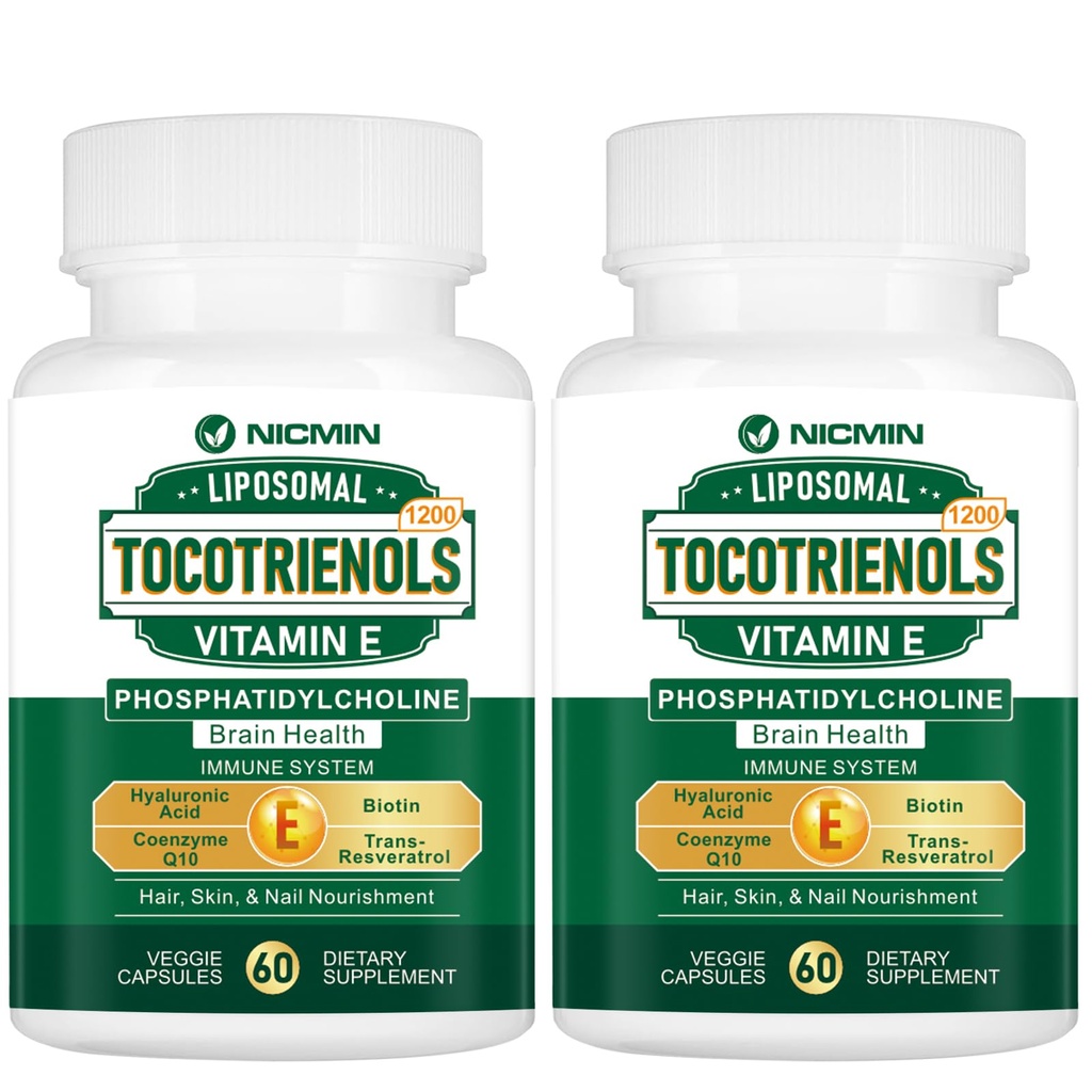 1200MG Witamina E Tokotrienole Liposomalne Tokotrienole Suplement z fosfatydylocholiną, 95% Delta- tokotrienole i 5% Gamma- tokotrienole, Wysoka Absorpcja Serca, Funkcja mózgu 120 Kapsułki