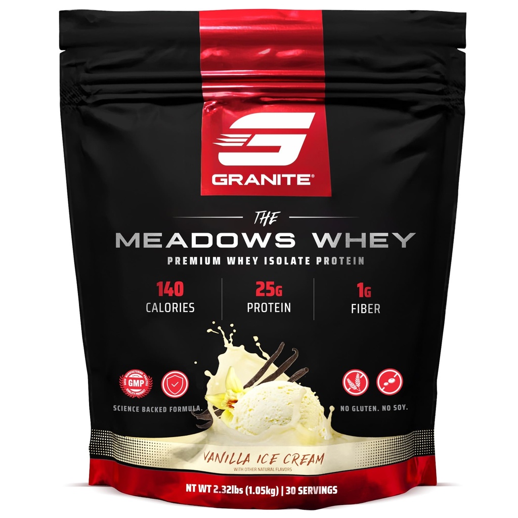 Suplementy Granitowe Meadows Białko serwatki Izolacja Proszek proteinowy dla Lean Muscle z 150 Kalorii, 2g Fiber, 1 g Cukier (30 Sług), Vanilla Lody Flavor
