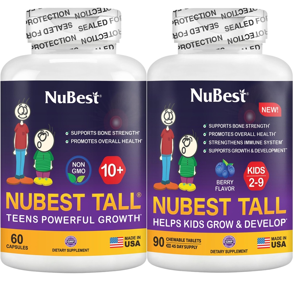NuBest Bundle Tall 10 + 60 Kapsułki Wysoki Dzieci 90 Tabletki do żucia 124; Wsparcie wzrostu dla dzieci i nastolatków 124; Wapń, Witaminy D3 K2, Kolagen i mieszanka ziołowa