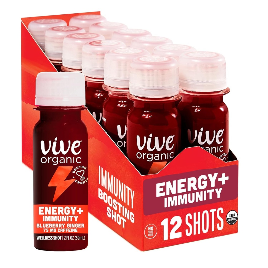 Vive Organic Energy Shot + Immune Support, Immune Defense with Ashwagandha, Green Tea & Kofeina, Gluten Free, Vegan, Energy and Focus, 2 Fl Oz (Opakowanie 12)