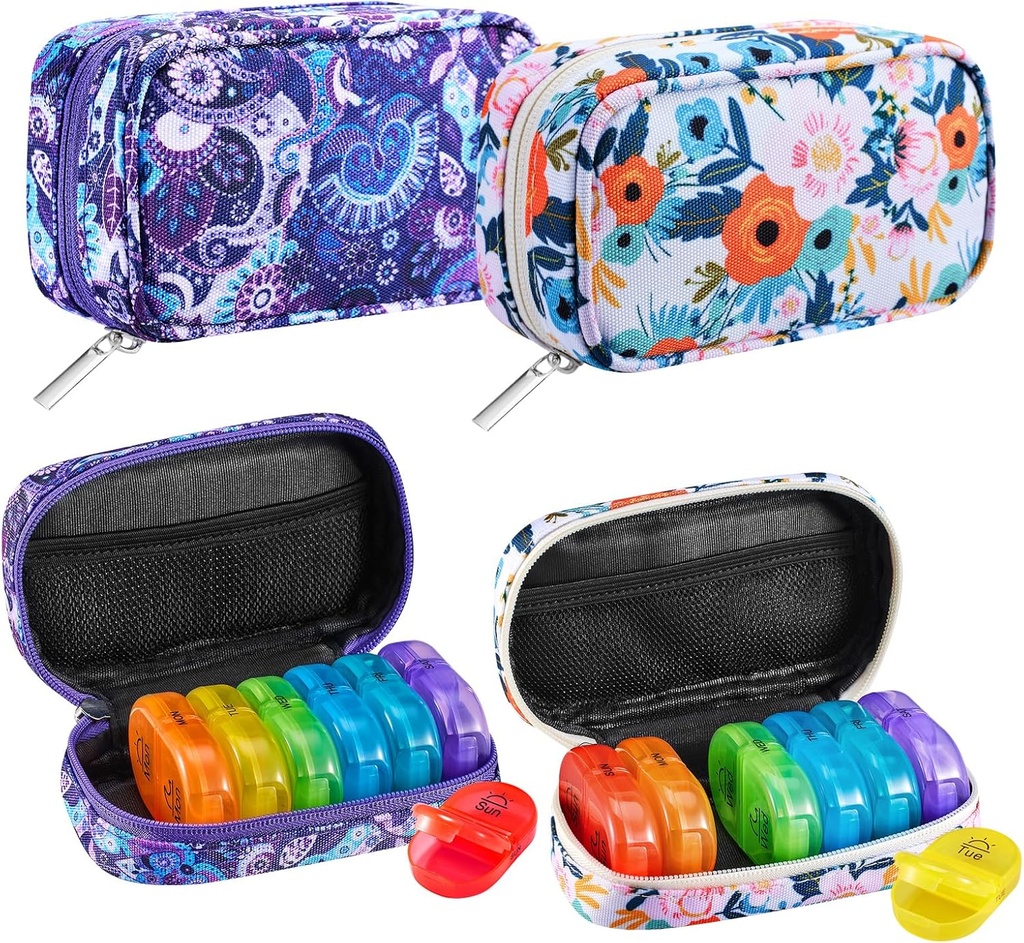 Serfeymi Cotygodniowy Travel Pill Organizator 2 razy dziennie PM Rainbow Pill Box 7 Dzień z Zipper Canvas pill Case, Medicine Organizer for Pills, Witaminy, Oleje rybne - Purpurowy 01 + Bloom 01