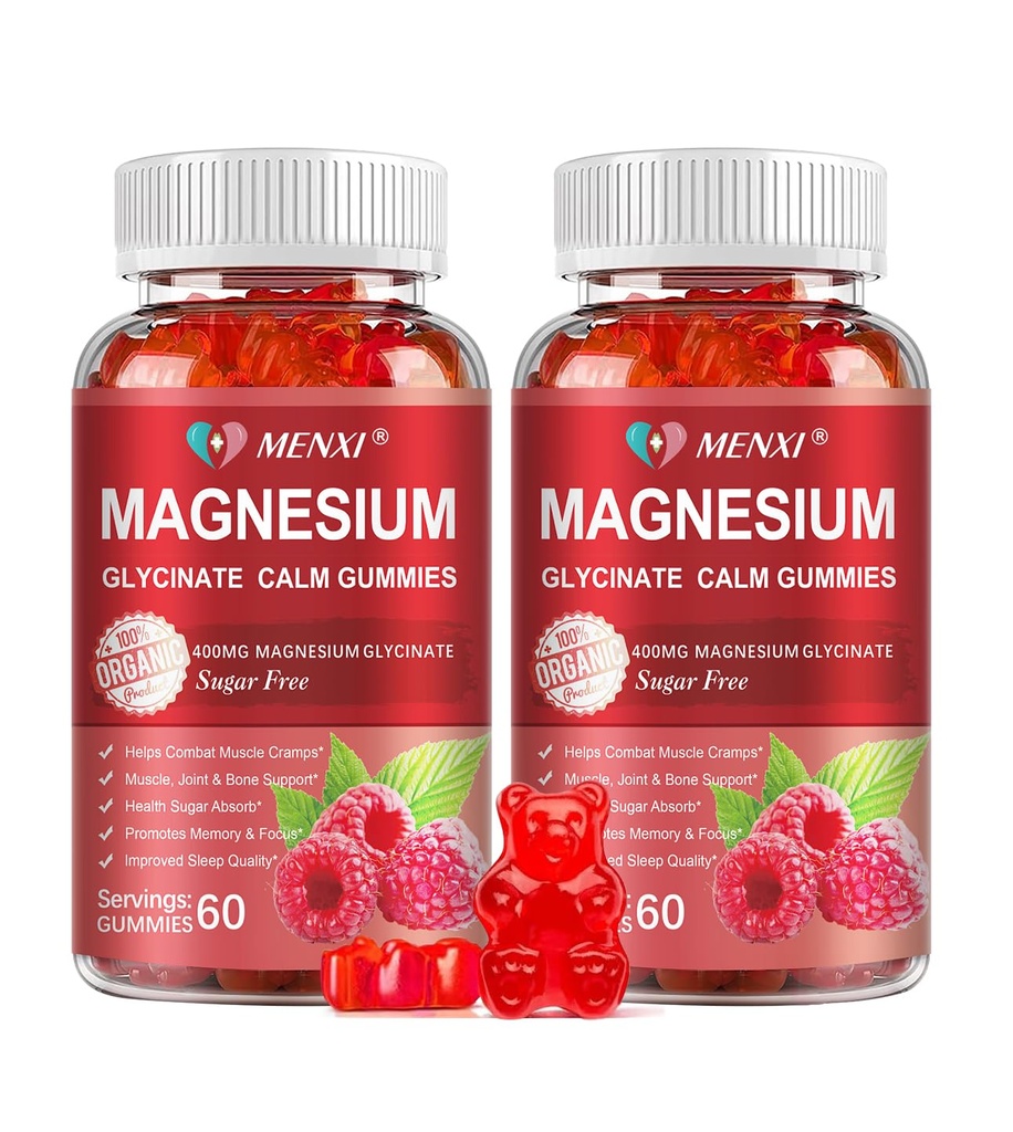 Magnezu Gummies 600mg na Serving- Magnezu Glycinate 400mg i Magnezu Malate 200mg, Supplement potasu bez cukru Magnezu dla uspokajających nastrojów, Mięśnie, Bone & Energy Support, 120 Malina Gummies