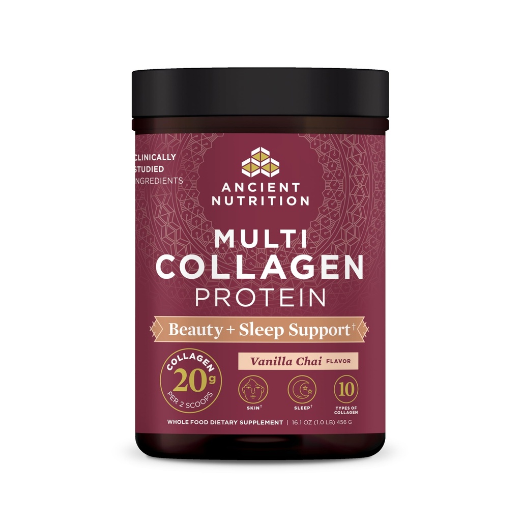 Ancient Nutrition Collagen Powder Protein, Multi Colagen Protein Beauty + Seep z witaminą C, Vanilla Chai, Zhydrolizowane Kolagen Peptydy wspomaga skórę i paznokcie, Sen, 16.1oz