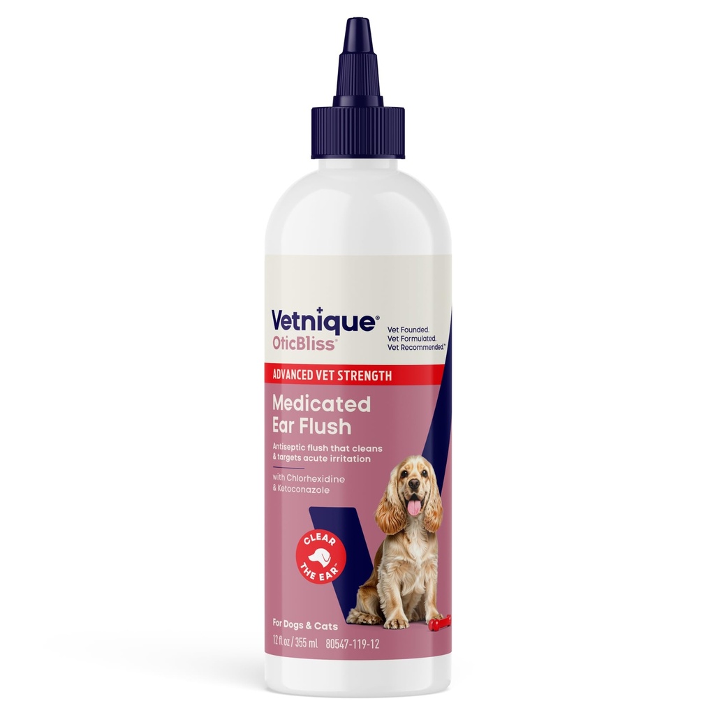 Vetnique Oticlossible Medicated Dog Hear Infection Treatment, Antiseptic Ear Cleaner for Cat & Dog Ear Cleaning Solution with chlorhexidine & Ketokonazol (12oz Flush)