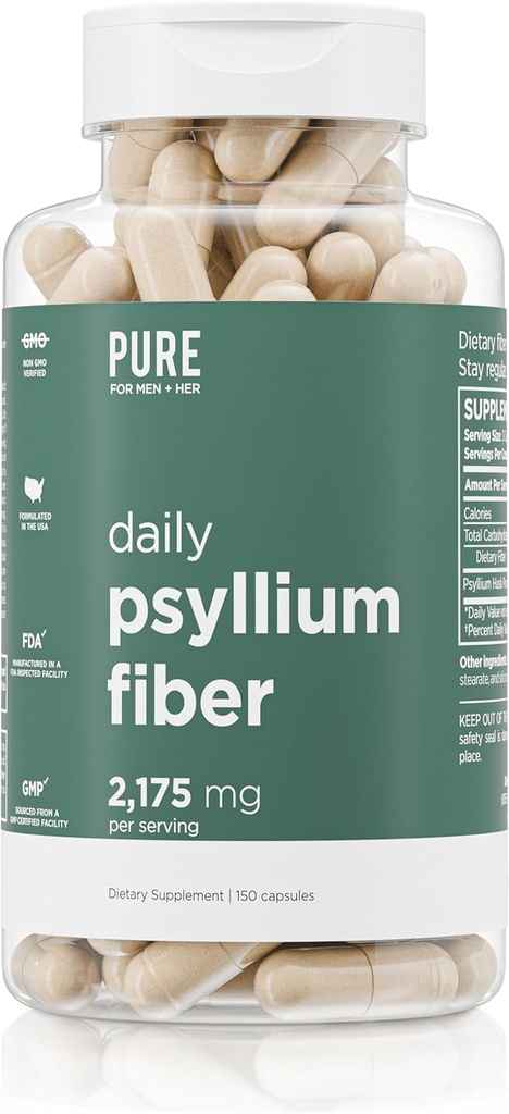 Codziennie Psyllium Husk Fiber Suplement przez Pure for Men & Pure dla jej 124; Regularność trawienna & Gut Health Support Between 124; Rozpuszczalny proszek Fiber, 2,175mg Per Serving 124; 150 Kapsułki