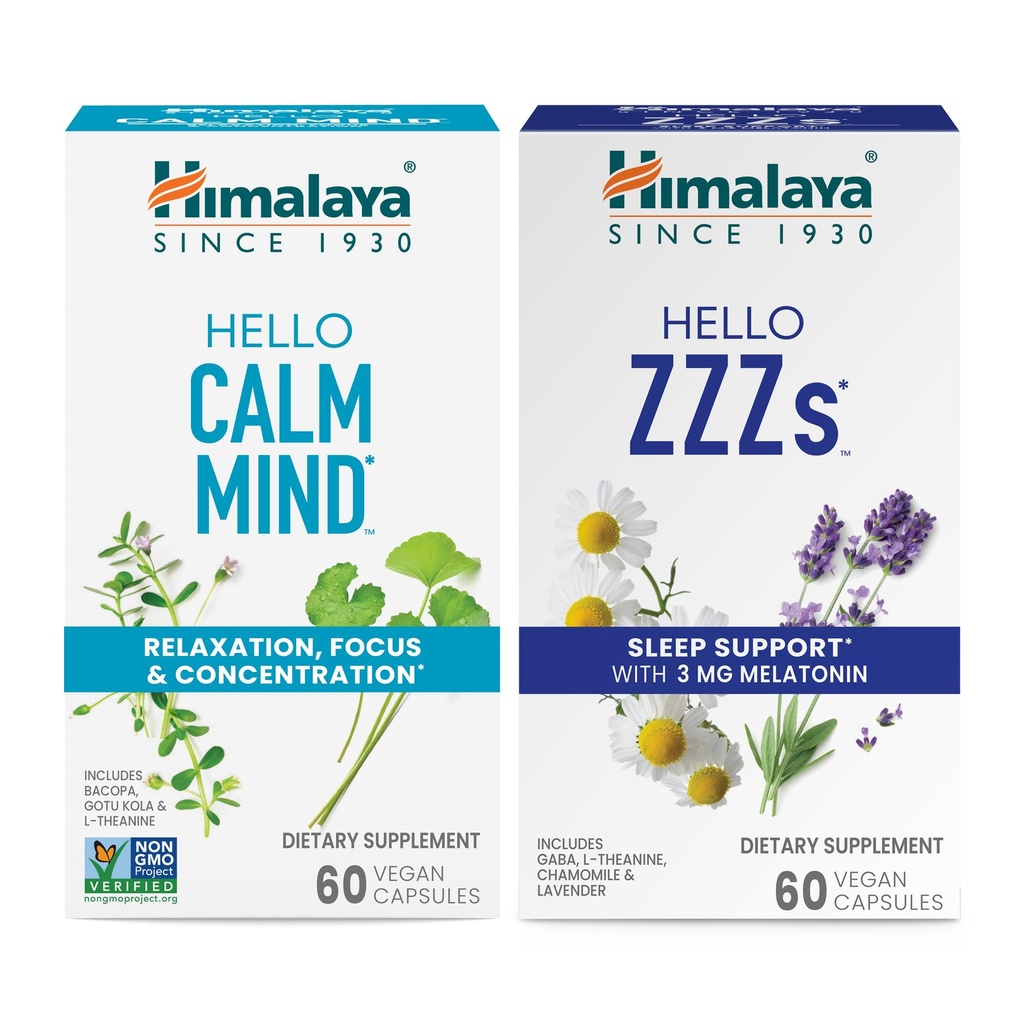 Himalaya Witaj spokojny umysł z Bacopa na relaks, Skup i koncentracja & Hello ZZZ z Melatonin na wsparcie snu, 60 Kapsułki Każdy - Bundle