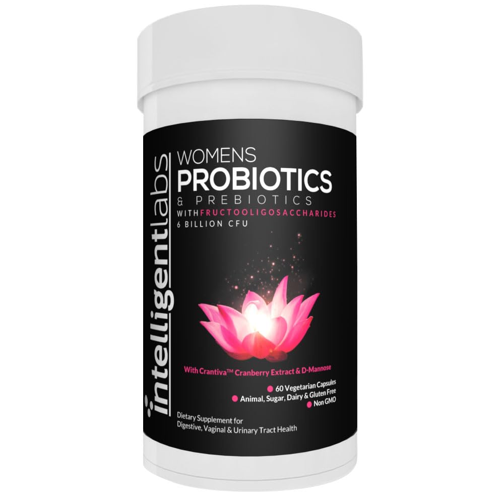 Intelligent Labs Women 's Probiotics Formuła z ekstraktem żurawinowym, D- Mannose i Prebiotyki Wszystkie w jednym, 6 Miliard CFU Probiotyki, One Capsule a Day, 60- Day Supply, Third- Party zweryfikowany dla czystości