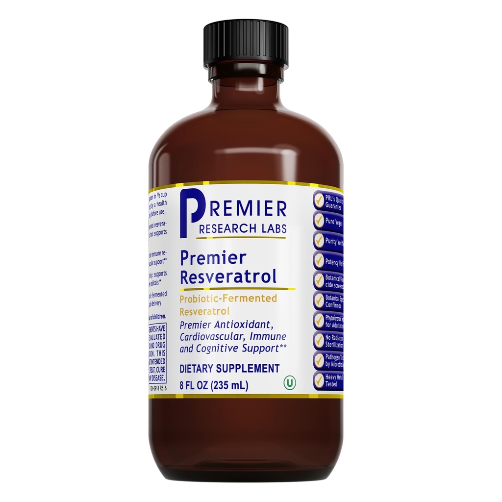 Premier Research Labs Resveratrol - Resveratrol Liquid Supplement, Trans Resveratrol, Przeciwutleniacze na zdrowie serca i przepływ krwi, Wsparcie starzenia, 180 mg Per Teaspoon - 8 Fl Oz
