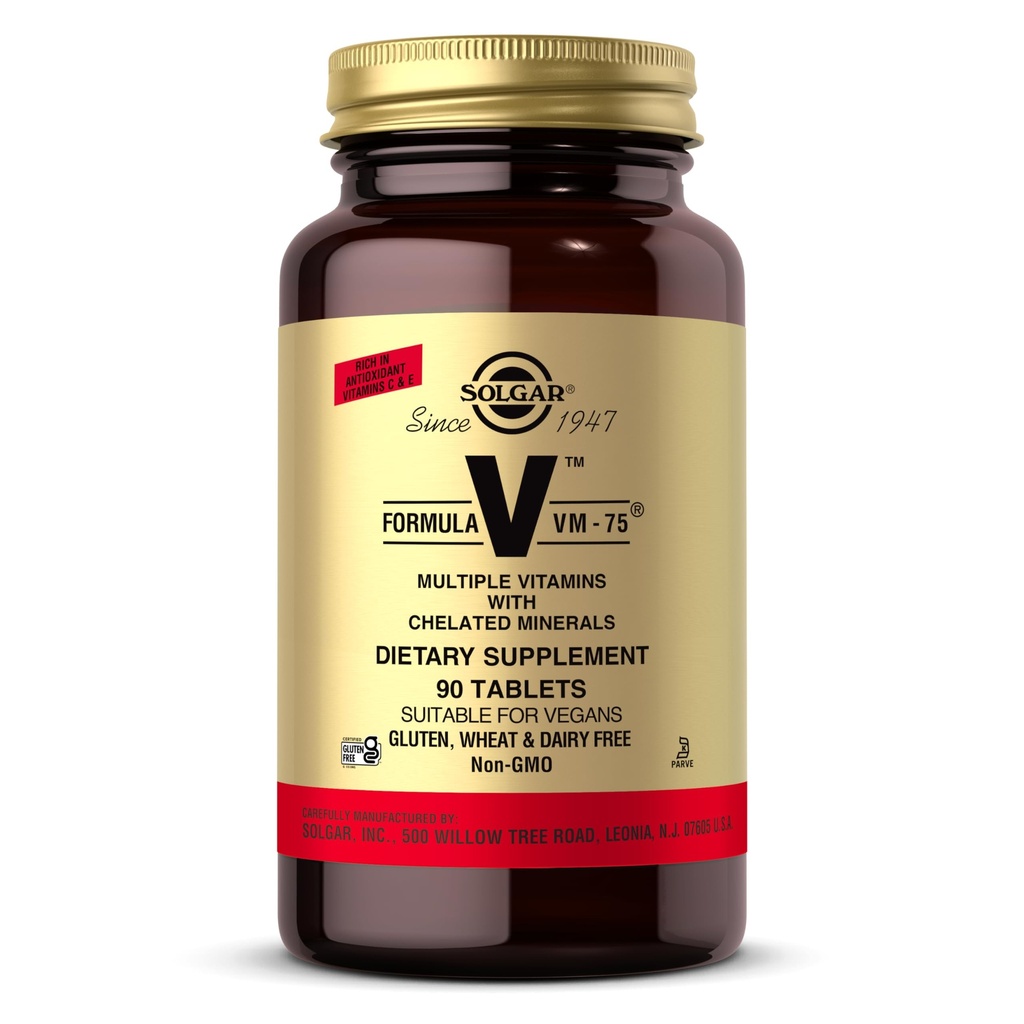 Solgar Formula VM- 75, 90 Tabletki - Multiwitamina z Chelated Minerals - Witamina A, B6, B12, C, D, E - Biotin, Magnez, Wapń, Żelazko, Cynk - Wegan, Gluten Free, Dairy Free, Kosher - 90 Służenie
